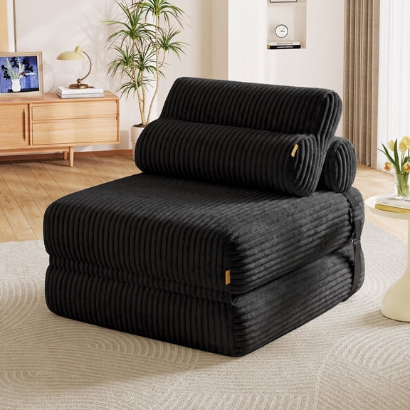 Pinmoco Folding Sofa Bed, Corduroy Convertible Sleeper Sofa with Pillow, Foldable Chair Bed with Back Support for Living Room & Bedroom, Black
