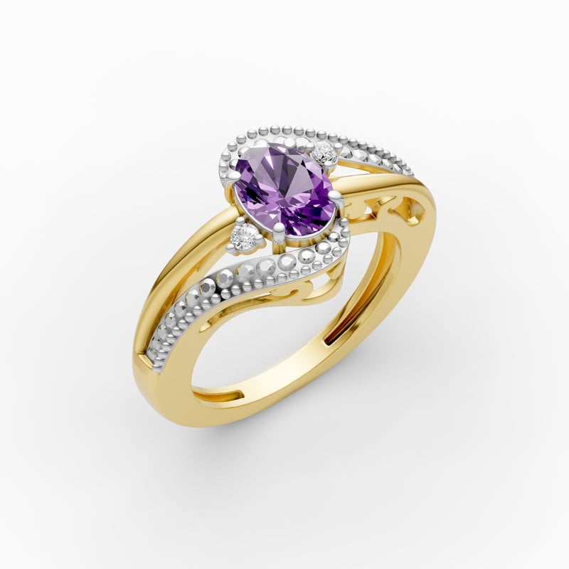 OMRE February Birthstone Amethyst Ring 925 Sterling Silver and 10K Yellow Gold Women