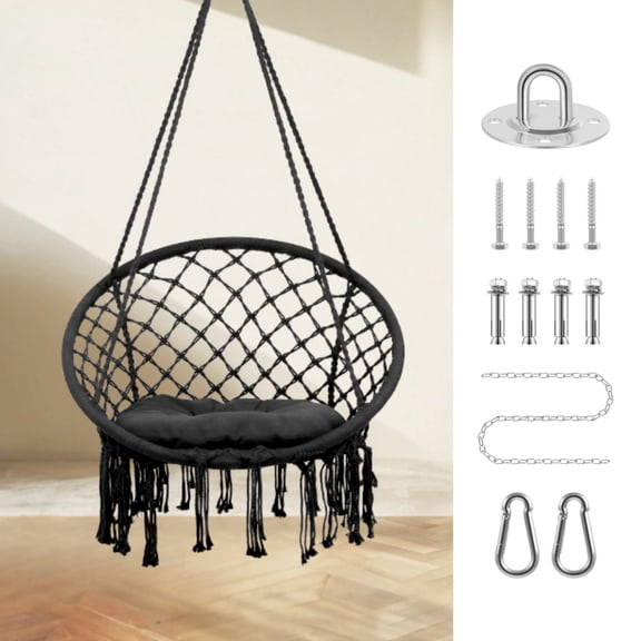 Hammock Chair, Hanging Swing with Macrame and Cushion, Hanging Cotton Rope Chair for Indoor Outdoor Porch, Yard, or Garden , Black