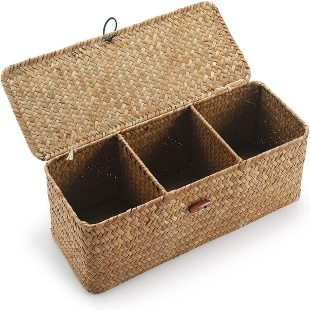 Cesta de junco marino rectangular con tapa, diseño funcional y tejido, contenedor de almacenamiento versátil con 3 secciones para artículos pequeños, estructura de madera resistente y canasta de