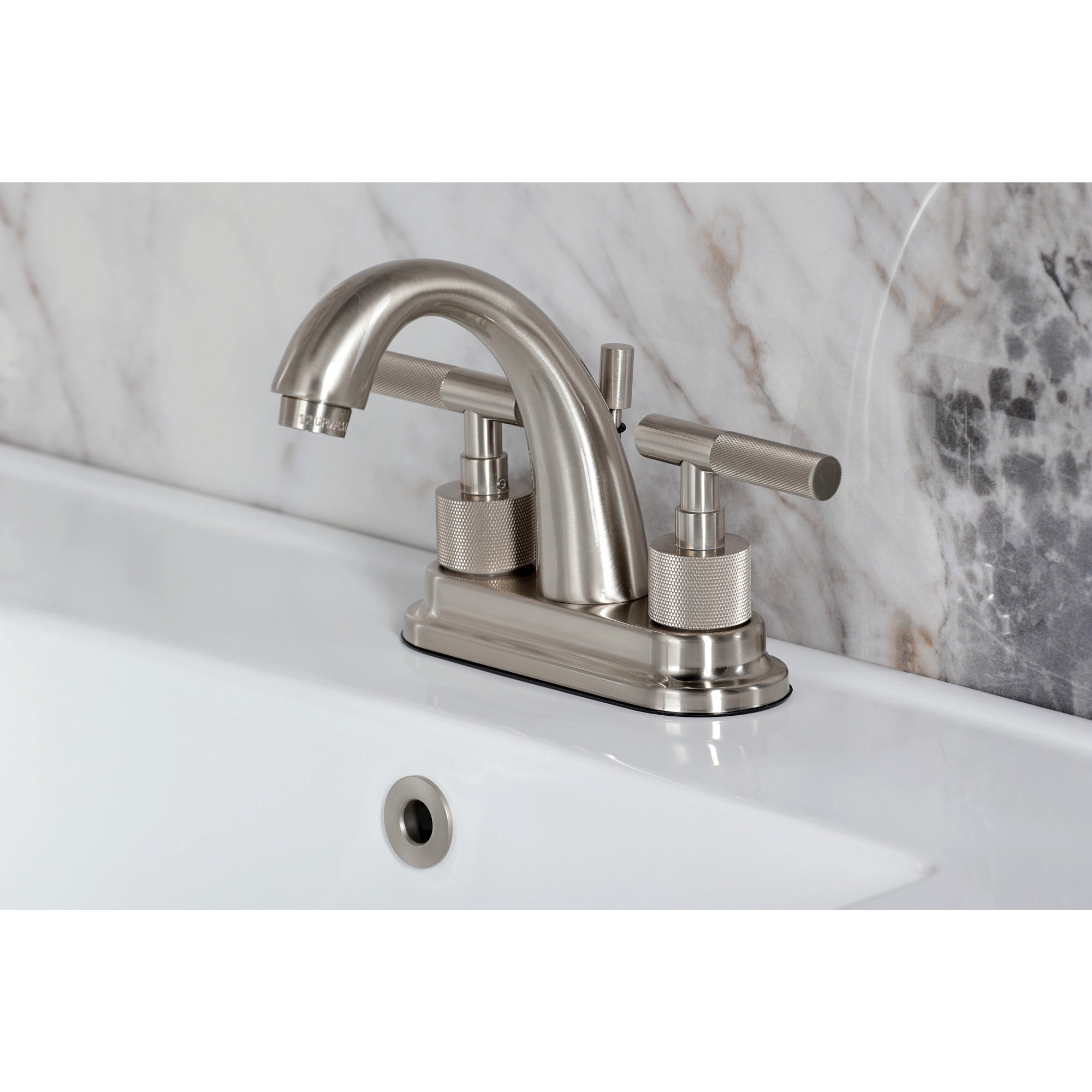 Kingston Brass KS8618KNL Knurled Double-Handle 3-Hole Deck Mount 4-Inch Centerset Bathroom Faucet with Brass Pop-Up in Brushed Nickel