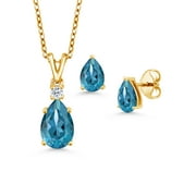 Gem Stone King 4.13 Ct London Blue Topaz 18K Yellow Gold Plated Silver Pendant with Chain Earrings Set