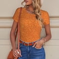 thumbnail image 6 of KLL Women 's Crew Neck Bodysuit Jumpsuits Orange Glitter Print Short onesies Stretch T Shirts, 6 of 7