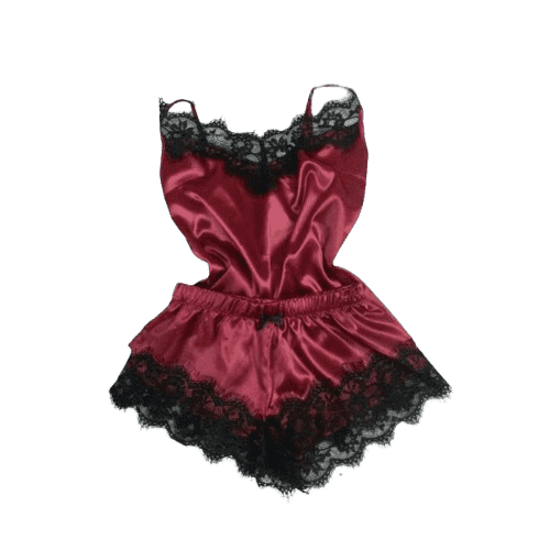 Women's Satin Lace Trim Camisole & Shorts Pajamas, Burgundy-XLarge