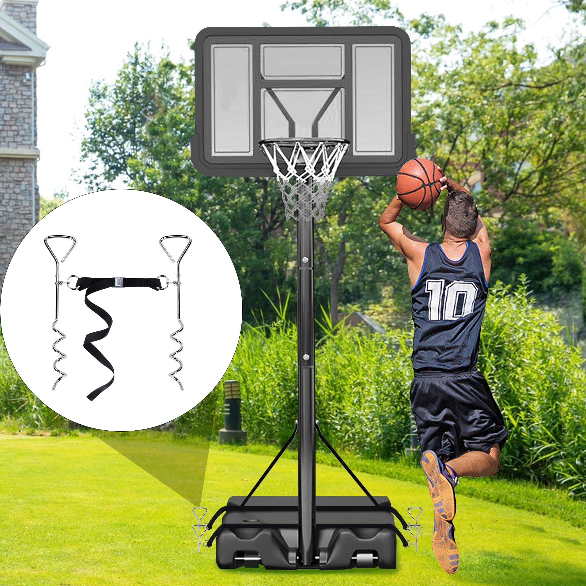 Basketball Goal Anchor - Heavy Duty Hoop Tie Down Kit with Ground Stakes & Adjustable Straps for Trampoline Swing Tent
