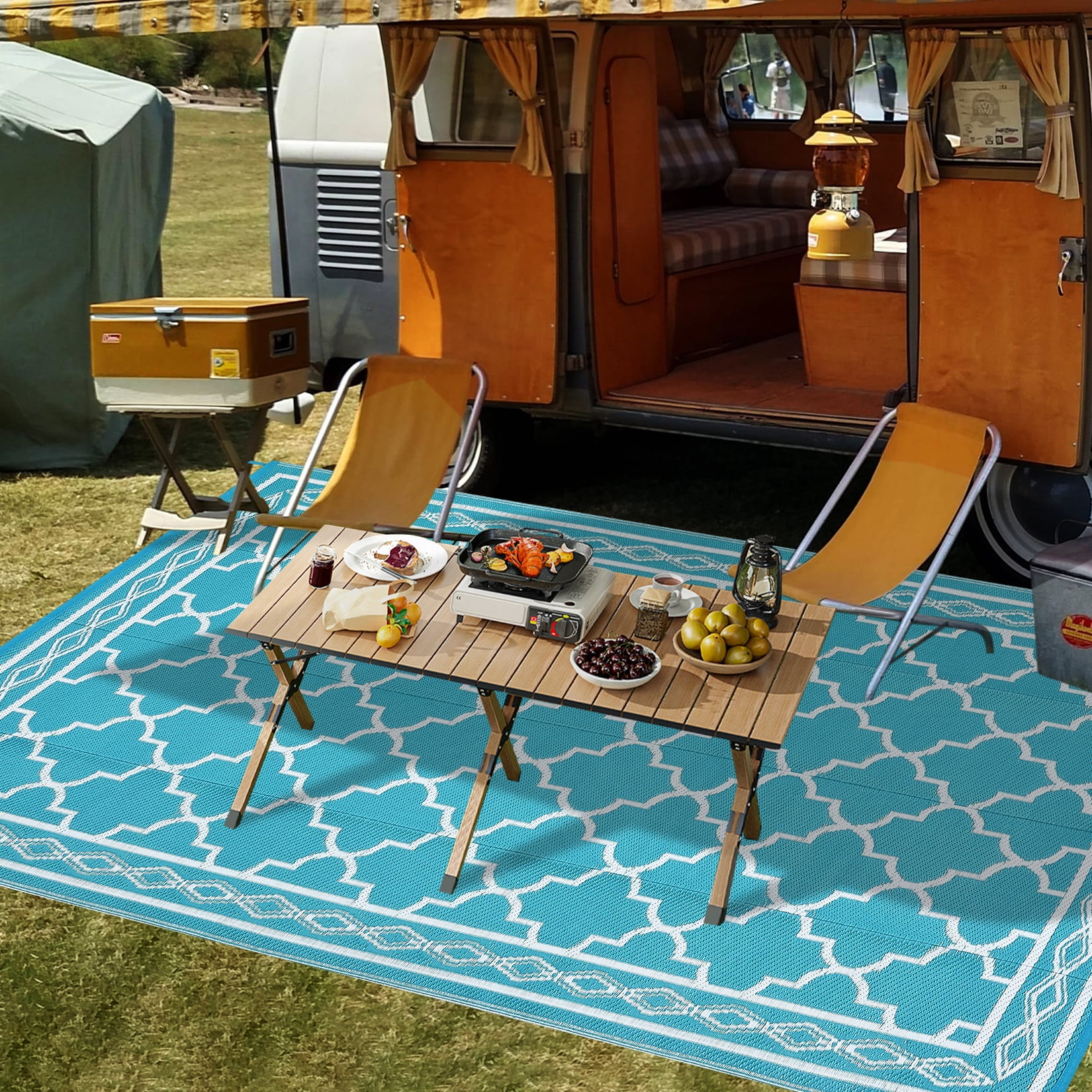 CAROMIO 5' x 8' Outdoor Rug for Patio Clearance, Reversible Straw Plastic Waterproof PP Tube Woven Area Rug, Blue & White