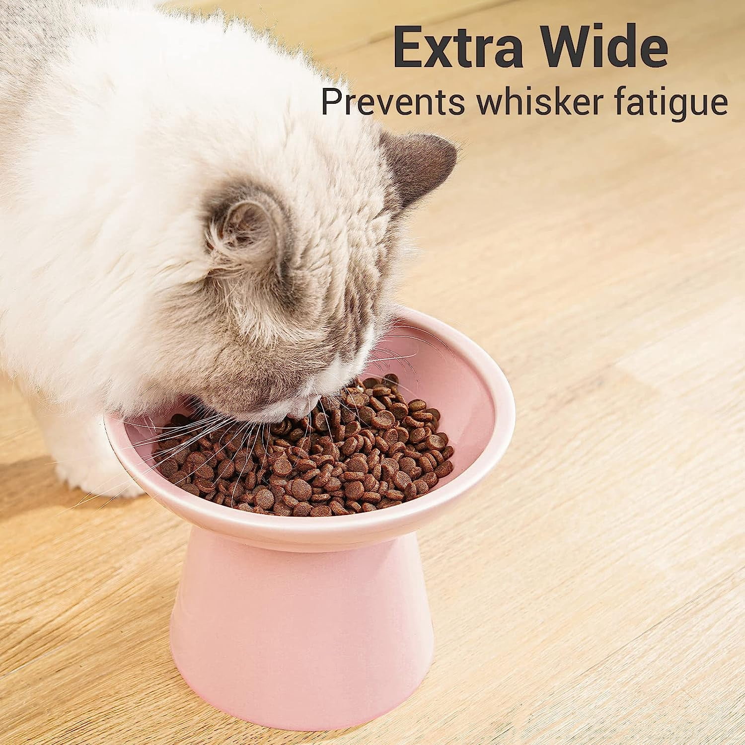 Extra Wide Elevated Ceramic Cat Bowl, 6.2" Shallow Dish for Whisker Fatigue Relief, 5" Height for Easy Feeding, Durable Raised Cat Food Bowls, Pack of 2, Pink