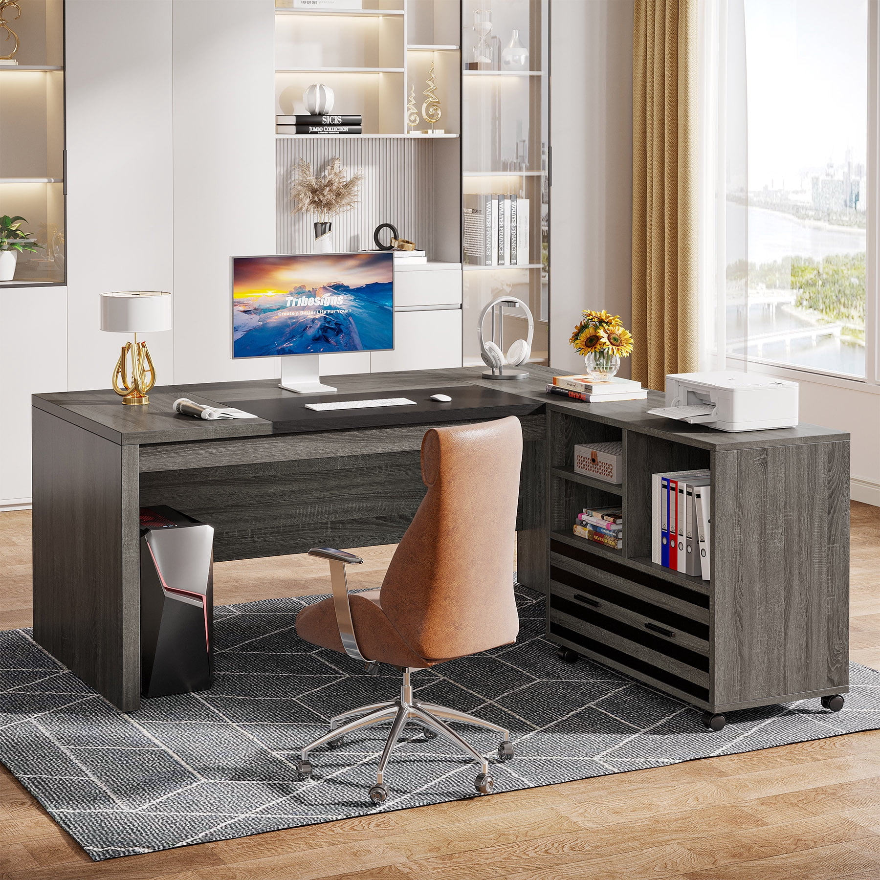 Finmind  Executive Desk with Mobile File Cabinet, 62.2-Inch L-Shaped Office Desk with Storage Shelves for Home Office, Gray