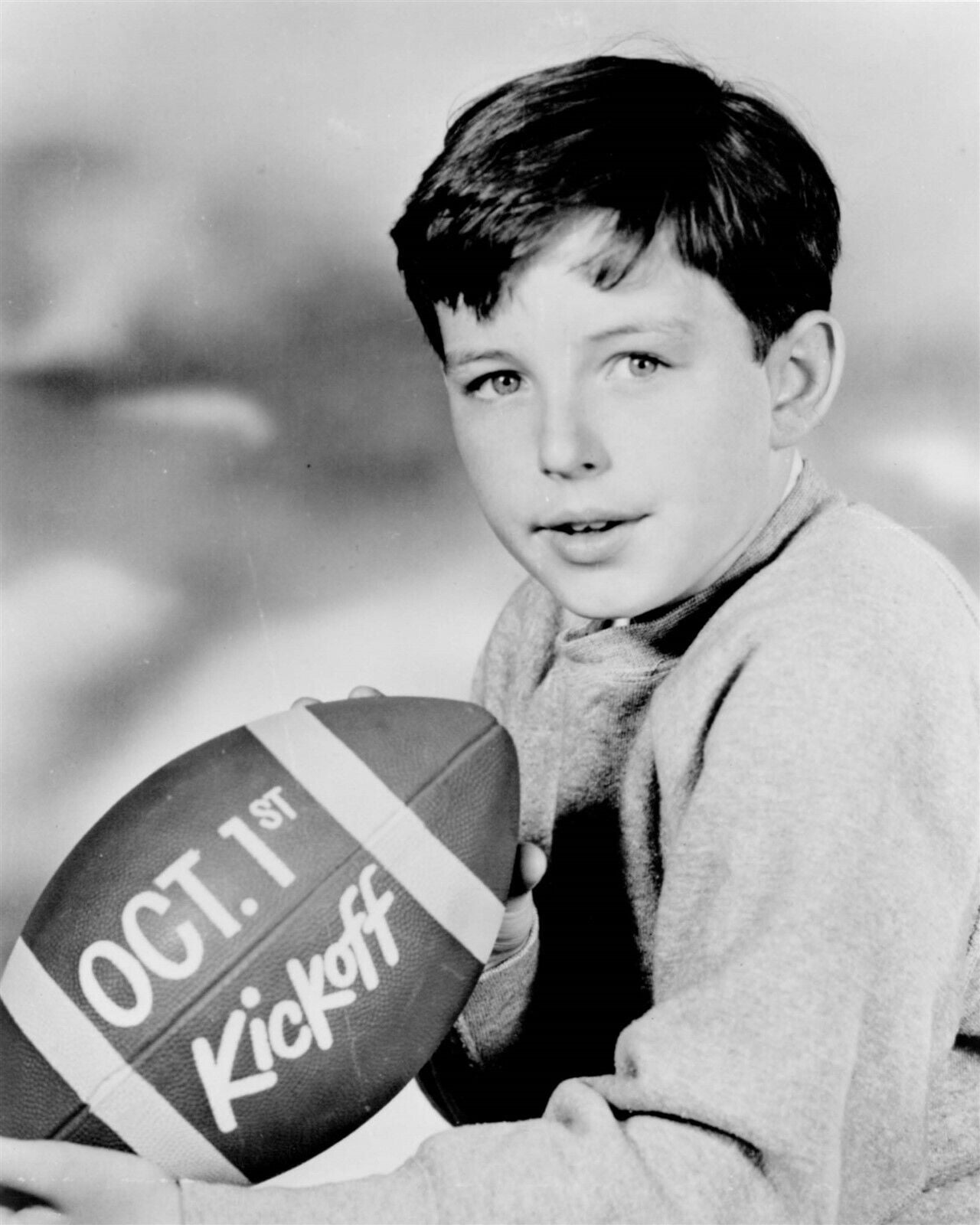 Jerry Mathers Leave It To Beaver holds football for kickoff 8x10 inch
