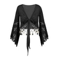 thumbnail image 3 of Aiihoo Women's Flare Sleeve Tassel Crop Top Lace-Up Shawl Tops Belly Dance Gypsy Bolero Shrug Cardigan Black XL, 3 of 7