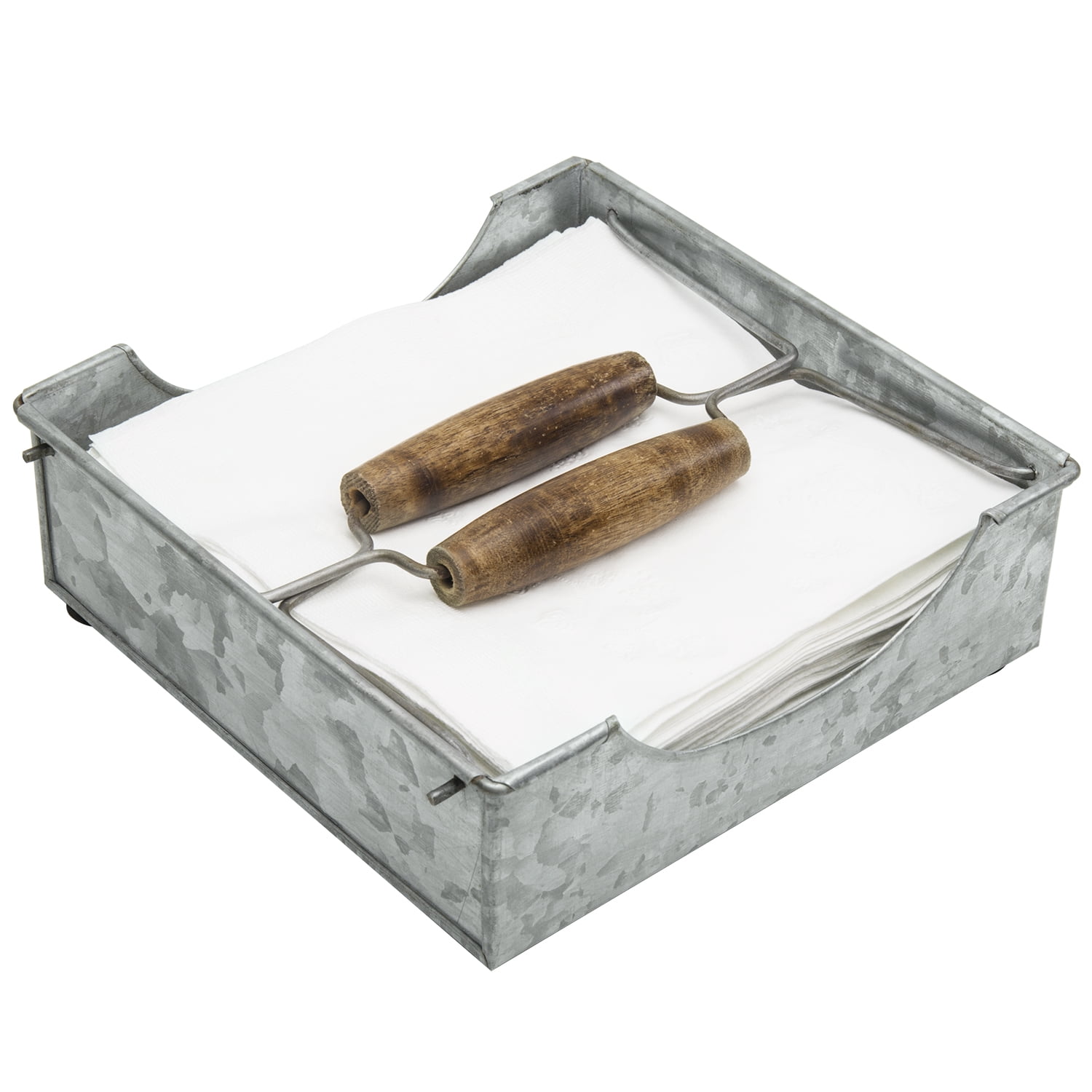 MyGift Silver Metal Galvanized Napkin Holder with Wood Handles
