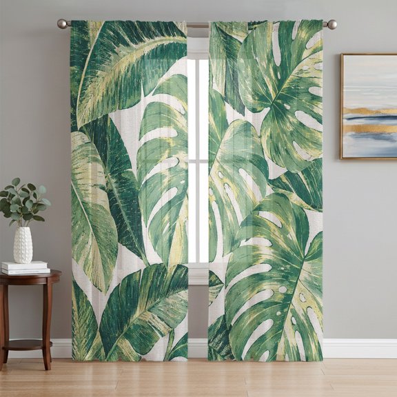 Tropical Botanical Sheer Curtains 96 Inch Length 2 Panels Set, Summer Green Palm Frond Farmhouse Voile Window Treatment Semi Sheer Long Curtains Drapes for Bedroom/Living Room/Kitchen 52"x96"x2