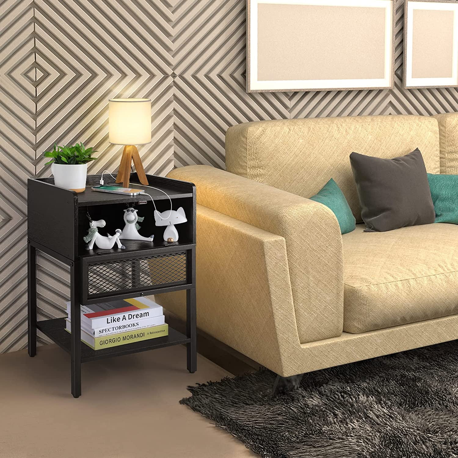 Nightstand with Charging Station End Table with Drawers, Black