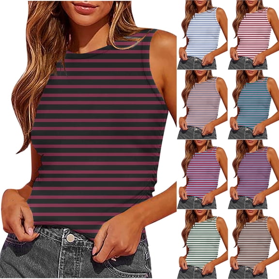 WEIee Ladies Tank Tops Women’s T Shirt Summer Crewneck Sleeveless Blouse Stripe Comfy Stylish Slim Fit Tops Lady Holiday Tank Tee Blue L