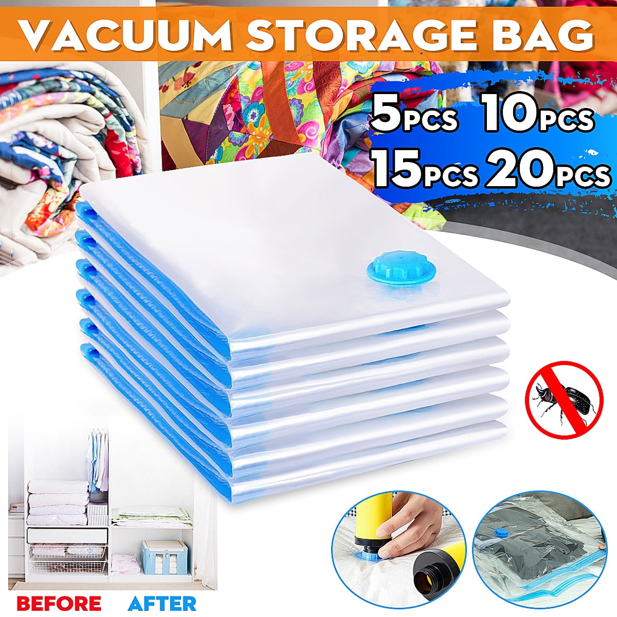 8 Vacuum Storage Bags Travel Space Saver Garment Clothes Hand Pump S M L XL NEW 
