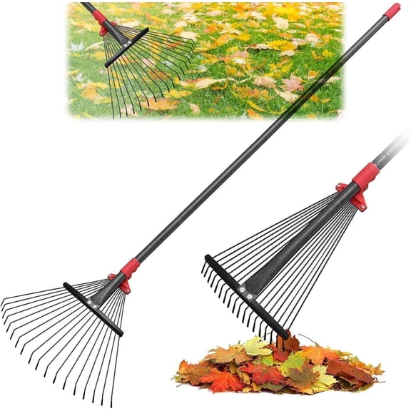 Rake for Leaves, Adjustable Metal Tines with Expandable Head Garden Rakes for Lawns Heavy Duty Metal Rake for Yard Gardening Grass Outdoor Debris