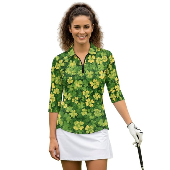 HUIACONG Shamrock Print Fabric Womens 3/4 Sleeve Golf Shirts, Quarter Zip Athletic Polo Shirts Zip Up Collar Soft Tennis Tops for Workout Exercise Sports