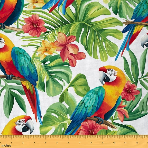 Feelyou Orange Blue Parrot Fabric by the Yard 3 Yards for Teens, Tropic Palm Home Decor Fabric by the Yard, Kawaii Cartoon Animal Sewing Fabric, Luxury Bedroom Decor