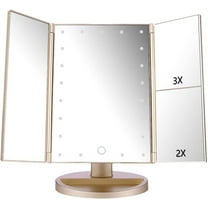 Floor Mount Tri-Fold Lighted Vanity Mirror with 21 LED Lights, Touch Screen and 3X/2X/1X Magnification, Two Power Supply Modes Make Up Mirror,Travel Mirror