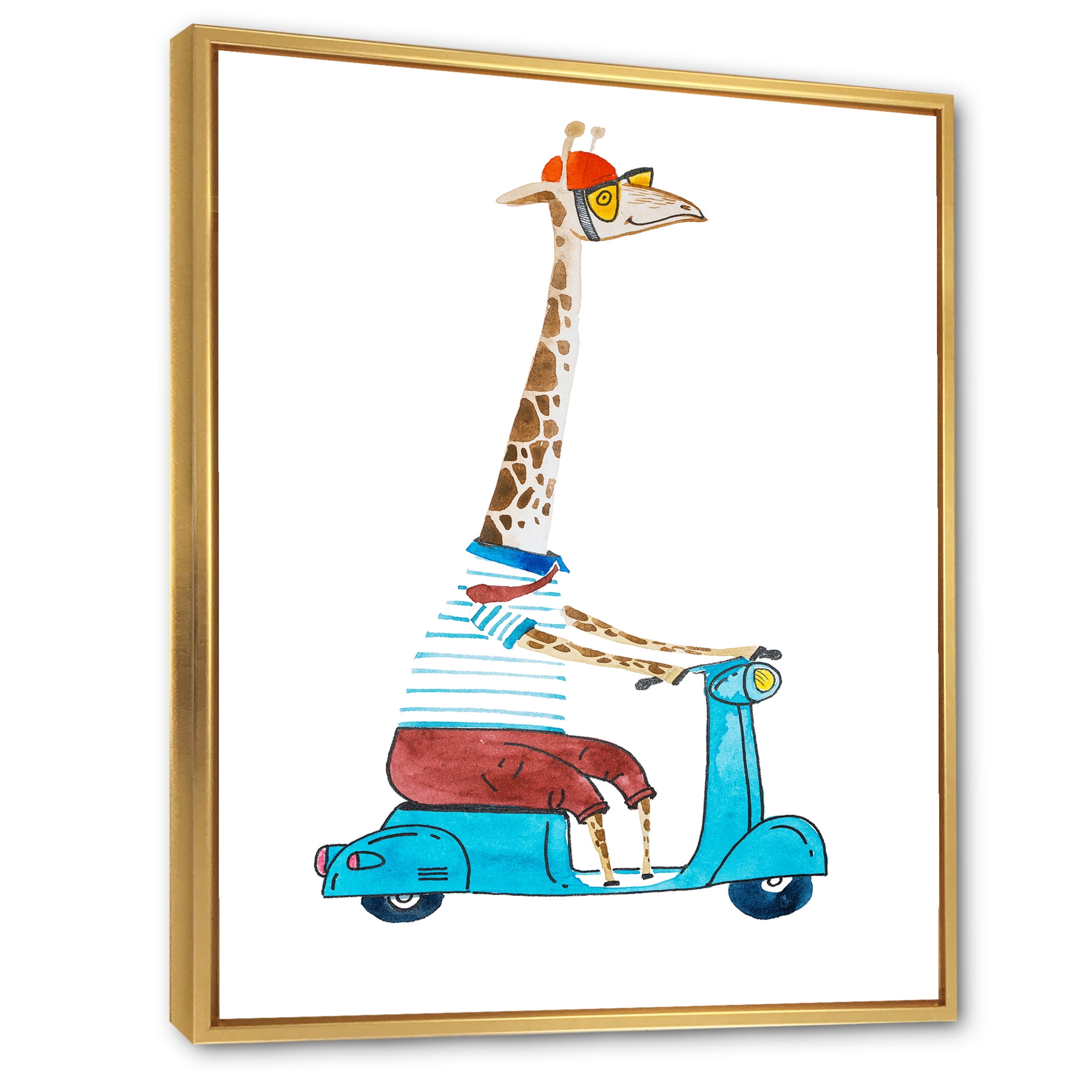 Designart 'Giraffe Dressed Up Wearing Helmet & Riding Blue Scooter' Children's Art Framed Canvas Wall Art Print