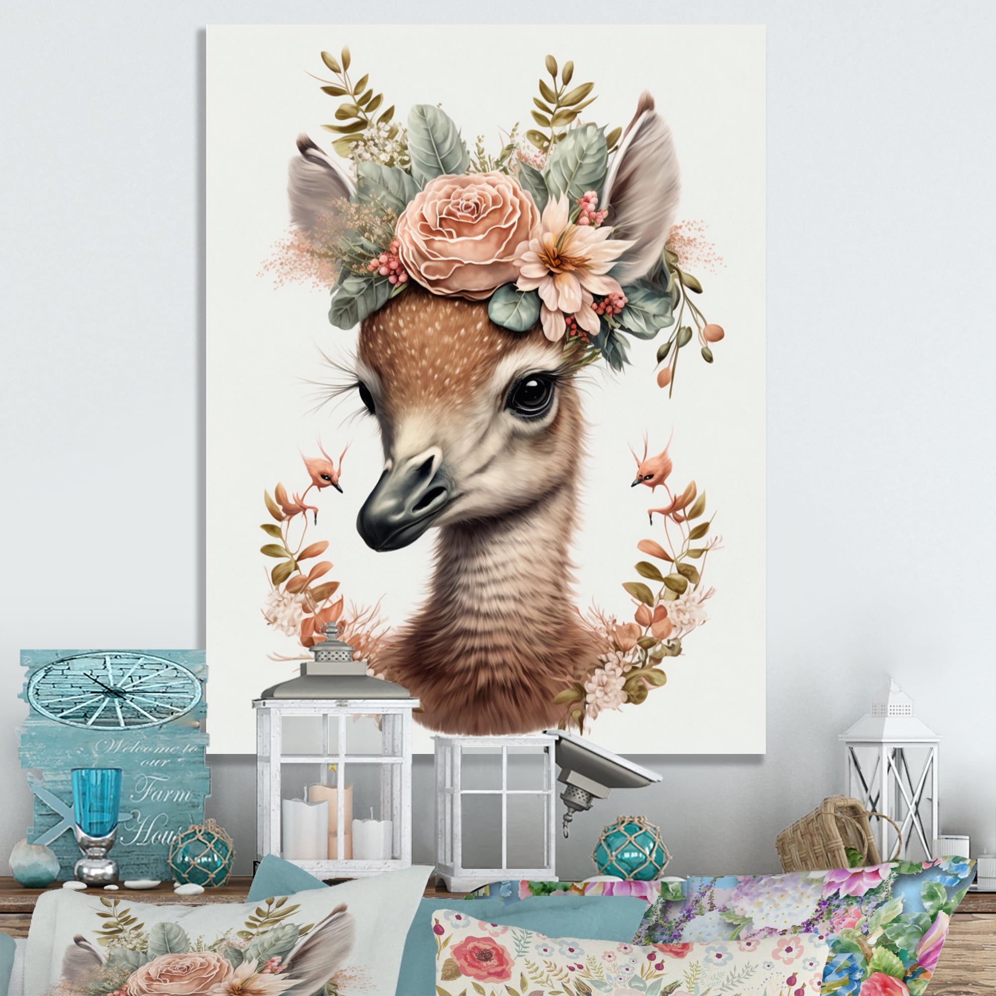 Designart Cute Baby Flamingo With Floral Crown Canvas Wall Art