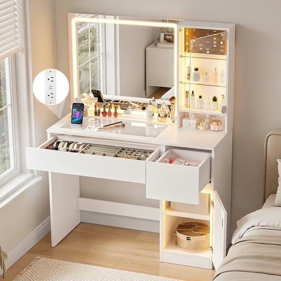 Pipleo 41" Vanity Desk with Glass Top, Makeup Vanity Desk with Mirror and Lights, Modern White Vanity with Power Outlet and 3 Lighting Modes