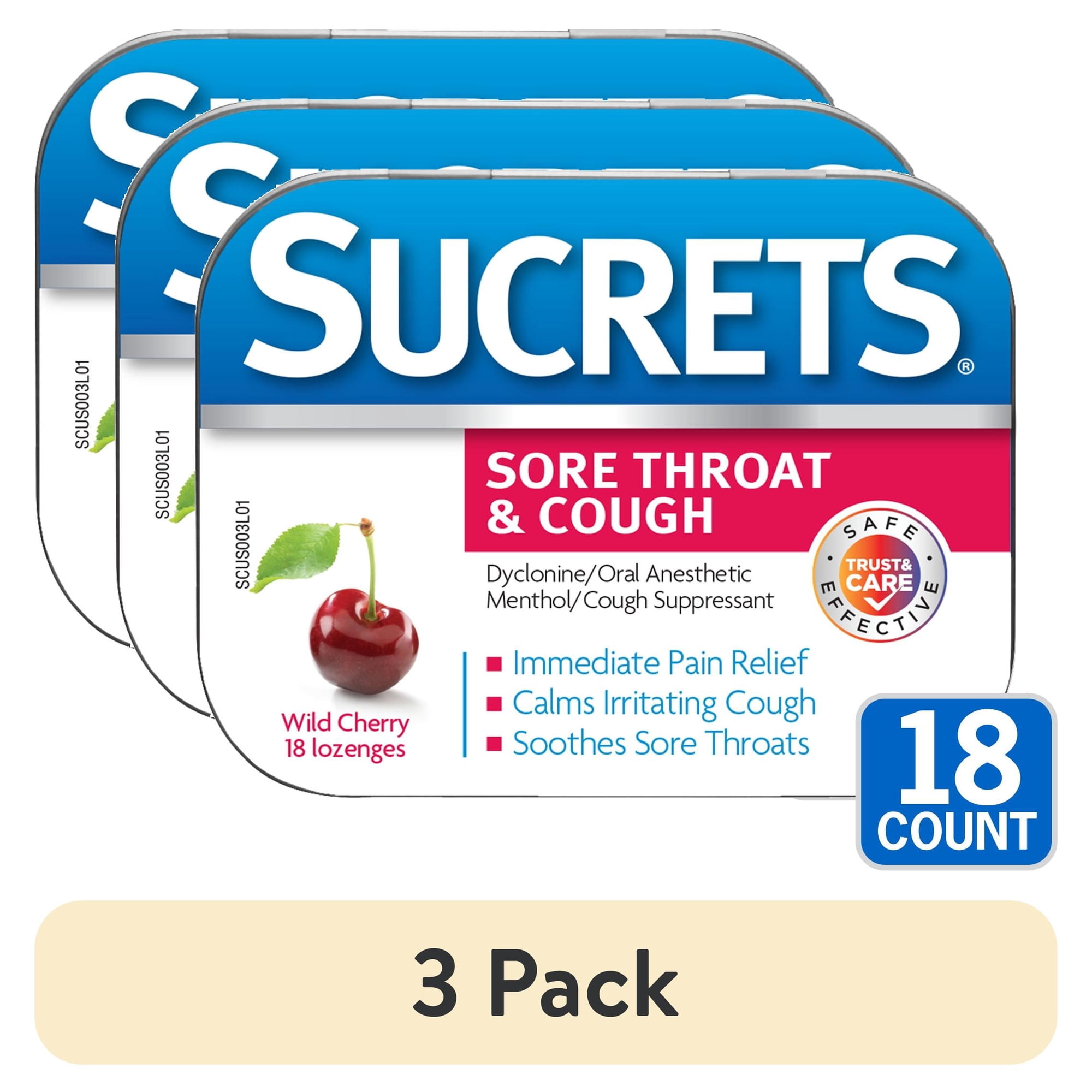 (3 pack) Sucrets Sore Throat Lozenges, Wild Cherry Flavor, 18 Count