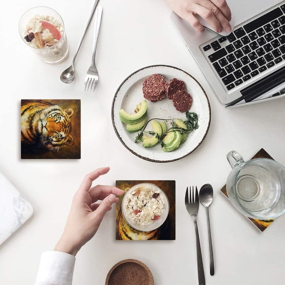 ZHANZZK Tiger Set of 8 Coaster for Drinks, Absorbent Ceramic Stone Coasters Cup Mat with Cork Base for Home Kitchen Room Coffee Table Bar Decor