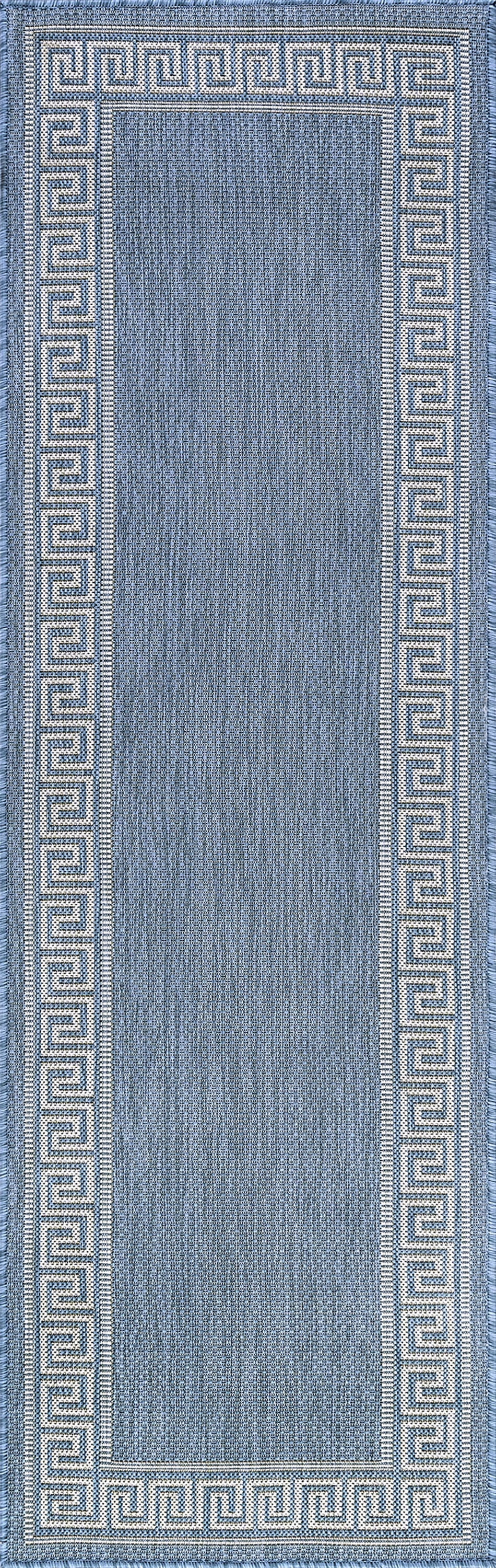 Bliss Rugs Greek Key Indoor Outdoor Rug Water Resistant Runner Rug for Patio, Hallway, Entryway, Deck, Blue ,2' x 8'