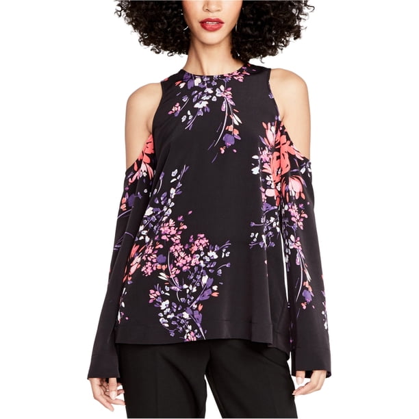 Rachel Roy Blusa estampada con hombros descubiertos para mujer, negra, pequeña