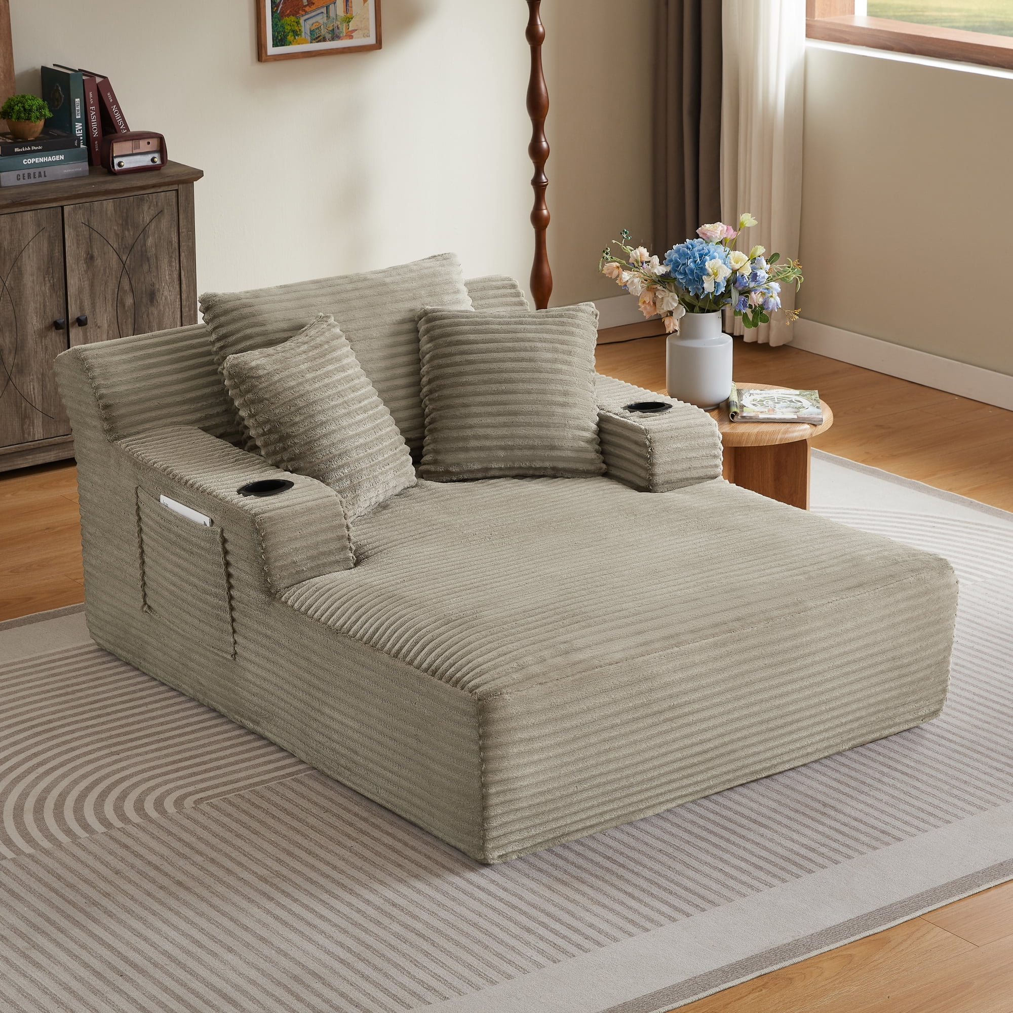 Leumius Oversized Chaise Lounge Chair Indoor,Cloud Plush Corduroy Upholstered Sofa Bed with Cupholders,Deep Seat Boneless Sofa with Pillows for Living Room Bedroom, No Assembly Required,Camel