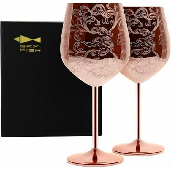 Etched Stainless Steel Wine Glasses With Copper Plated,Set of 2(17oz) Wine Goblets