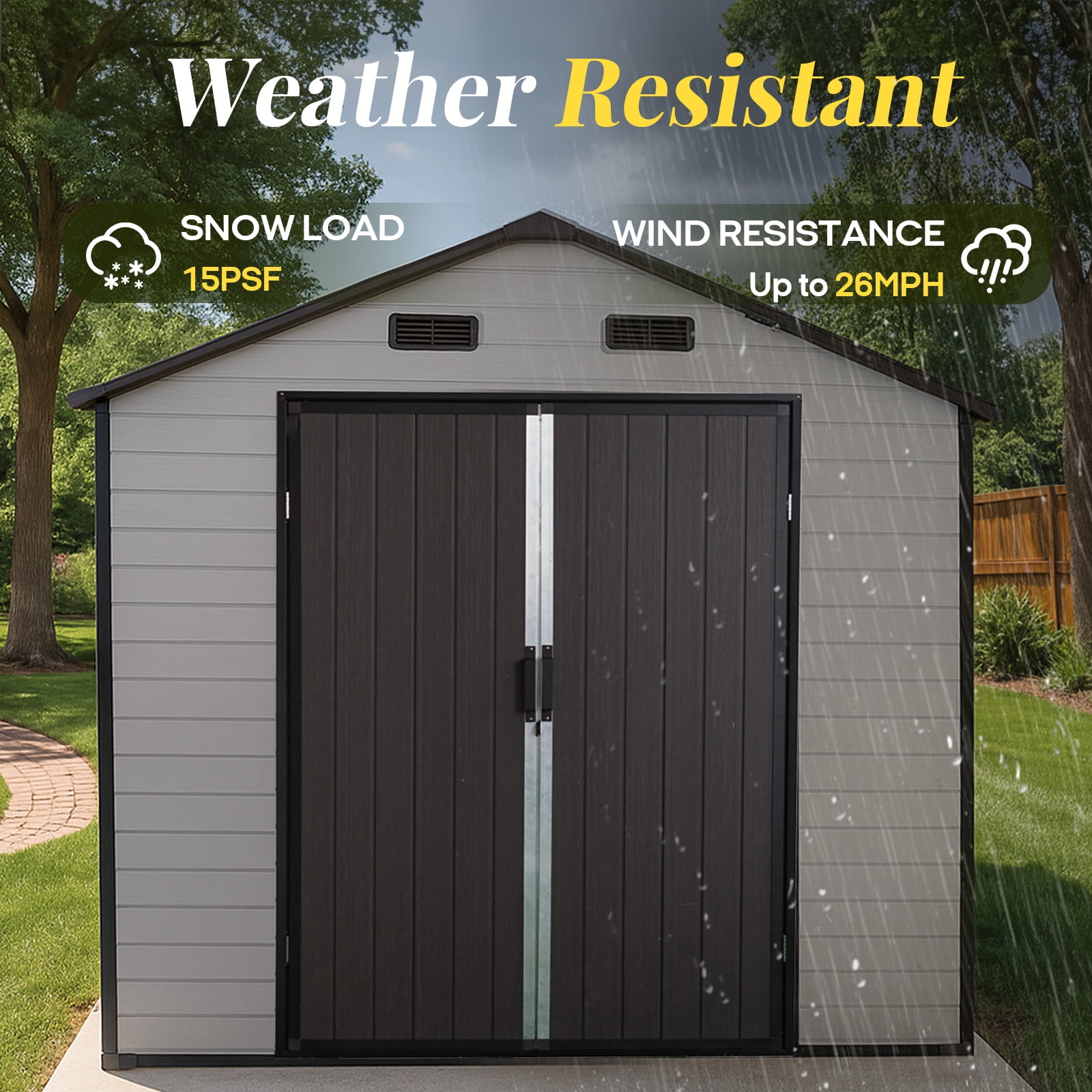 8x14 FT Resin Storage Shed with Floor, Lockable Outdoor Storage Shed with Ventilation Windows, Aluminum Frame Garden Tool Storage for Backyard Patio Lawn, All-Weather Use Brown White