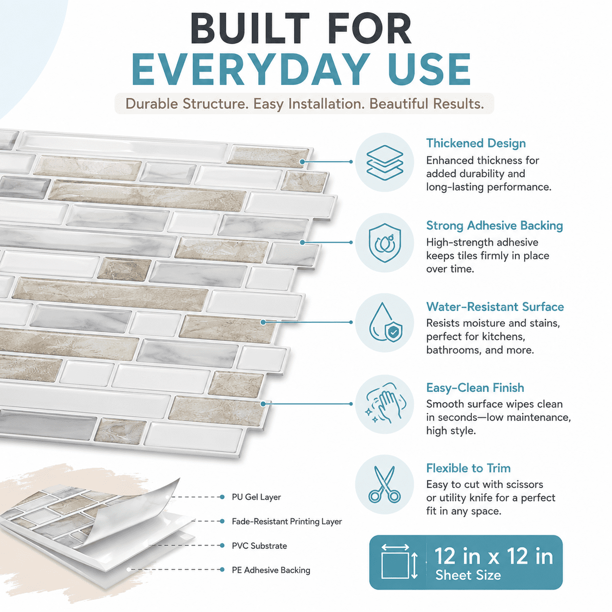 Yeslife 10-Pack Peel and Stick Backsplash Tile, 12" x 12" Beige & White Linear Mosaic Wall Tiles, Self Adhesive Waterproof Stick on Tiles for Kitchen and Bathroom, 10 Sq Ft