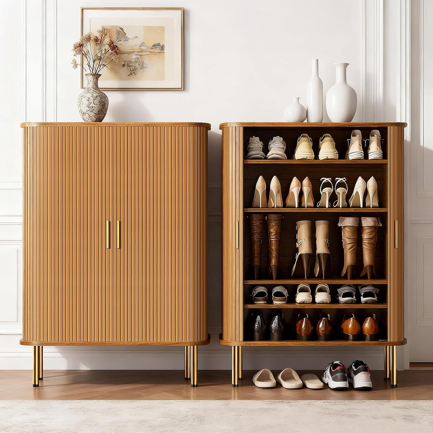 Shoe Storage Cabinet with Sliding Door, 6-Tier Shoe Cabinet with Adjustable Shelves, Mid-Century Modern Freestanding Shoe Storage Organizer for Entryway, Hallway, Living Room (Yellow)