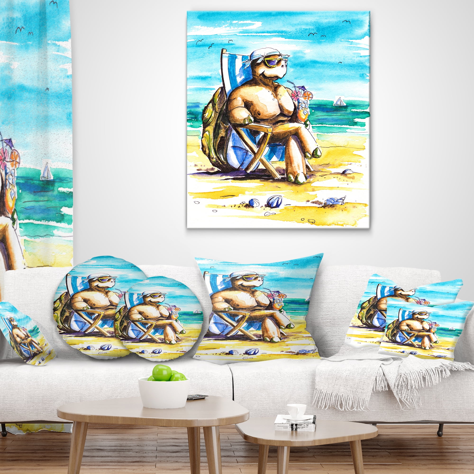 Designart Turtle Enjoying Holidays on Beach - Seashore Throw Pillow - 12x20