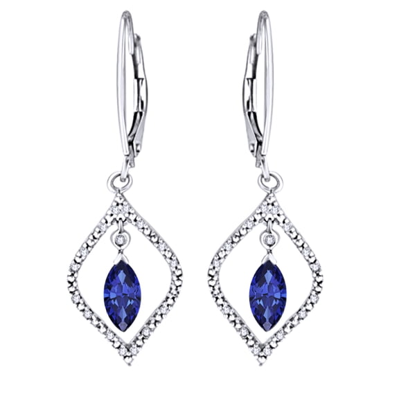 AFFY Marquise Cut Simulated Blue Sapphire With Natural Diamond Marquise Shape Dangle Drop Earrings In 10K Solid White Gold