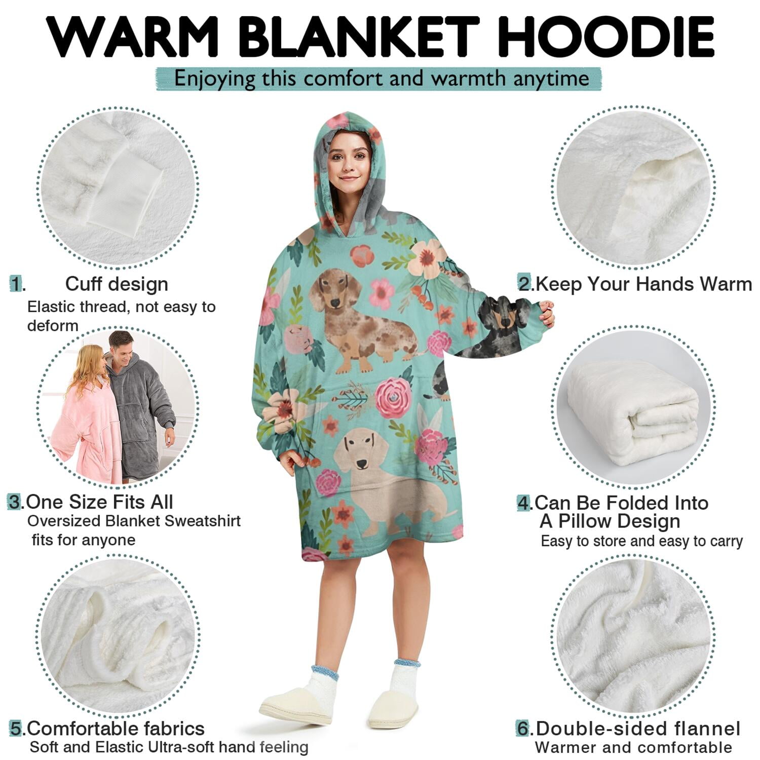 Dachshund and Flower Wearable Oversized Blanket,Wearable Blanket Hoodie for Adults,Cozy Hooded Blankets with Super Pockets,Super Warm Fuzzy Pullover for Women & Men