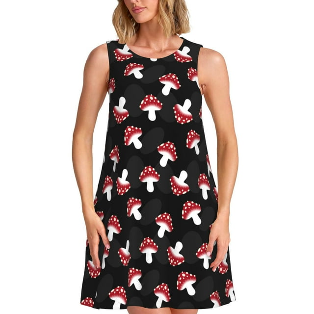 Daiia Robes pour Femmes Imprimé Champignon Dessin Animé 2025 Robes Tendance à Manches Courtes Décontractées Amples et Fluides Maxi Robes de Soleil