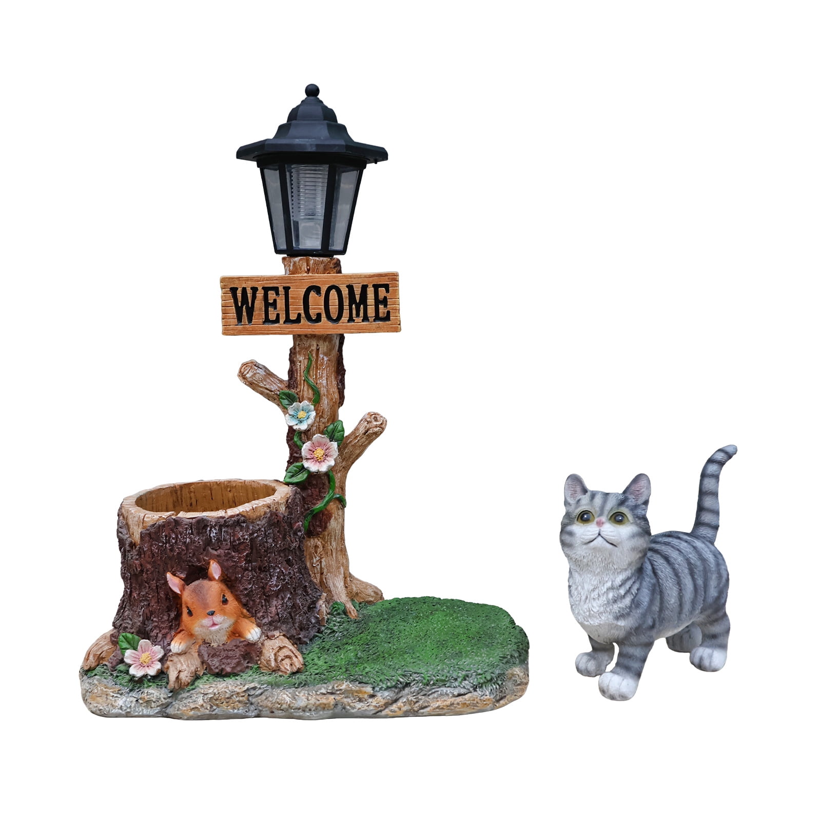 Cat Solar Planter Statue for Outdoor Decor, Garden Statue with Built-In Planter and LED Light, Weather-Resistant Resin for Yard, Patio, Brown