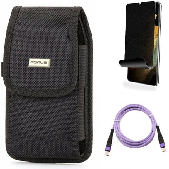 Purple 10ft PD Cable & Privacy Screen Protector & Case Belt Clip for Samsung Galaxy S21 Ultra Phone - Type-C to USB-C Fast Charger Cord & TPU Film Fingerprint Works & Swivel Accessory Bundle