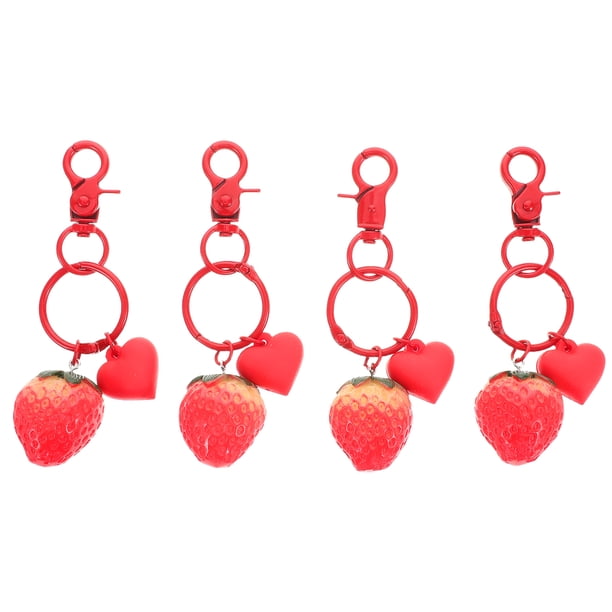 4 llaveros de fresas: colgante de resina con forma de fruta para bolso, accesorio kawaii para mujeres y niñas, llavero creativo para coche, cadena para teléfono, decoración.