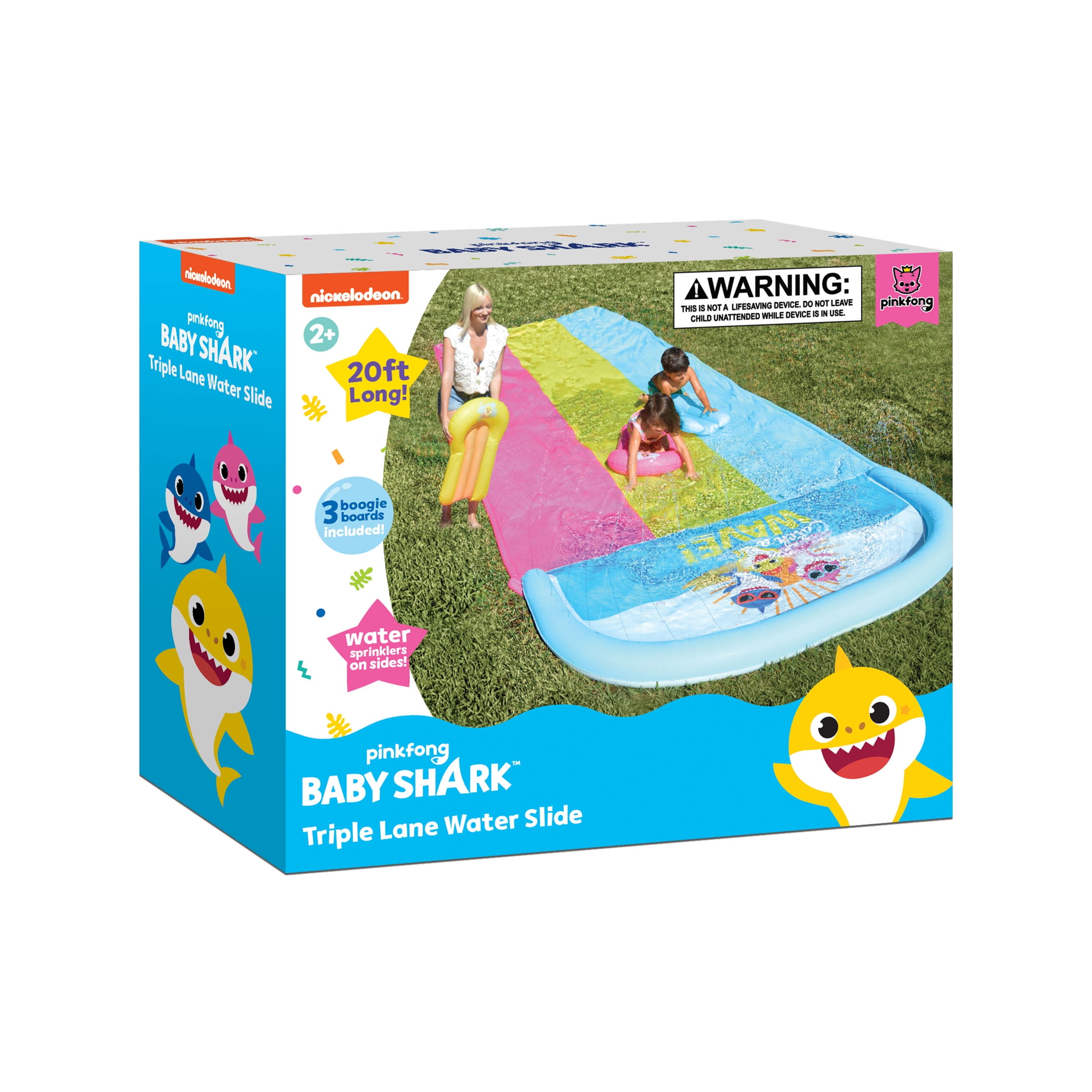 Baby Shark Triple-Lane Water Slide + (3) Inflatable Boogie Boards for Summer Water Play for Toddlers & Children Age 2+
