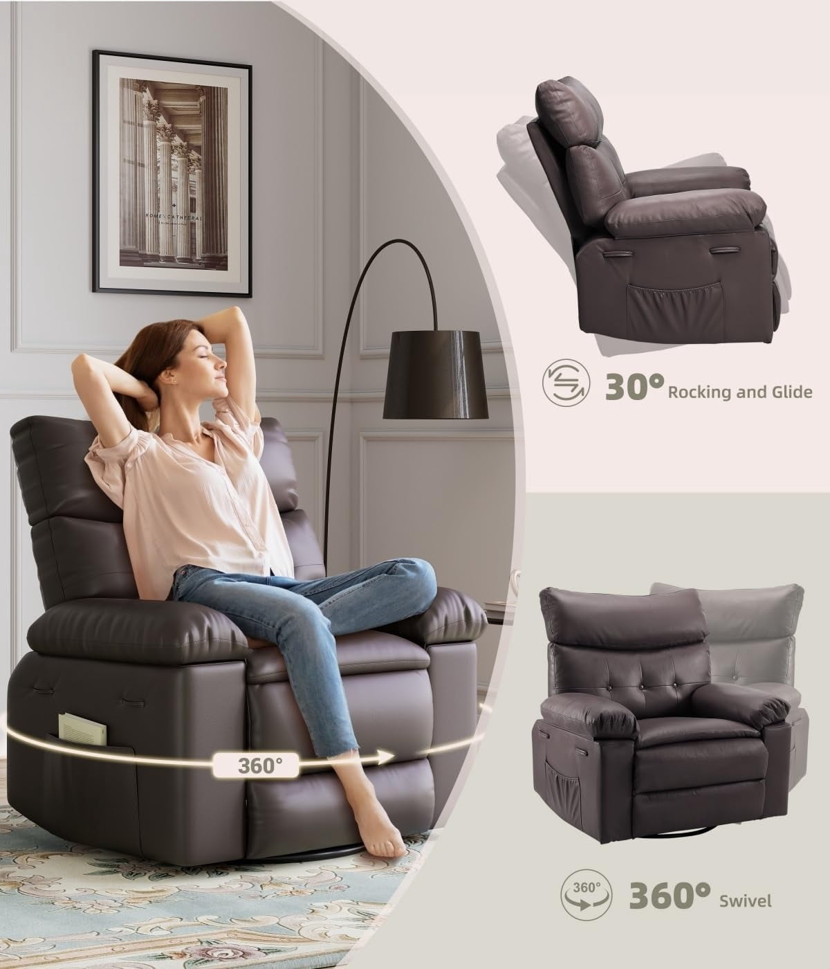 EastVita Oversized Recliner Chairs with Heat and Massage - 360 Swivel Lazy Boy Recliner Chair for Adults - Manual Rocking Chair with Remote Control for Living Rooms/Bedrooms and Nurseries - Creamy