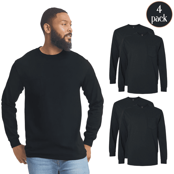 Gildan Ultra Cotton Long Sleeve Pocket T-Shirt For Men, Black casual cotton Tee 3-Pack L