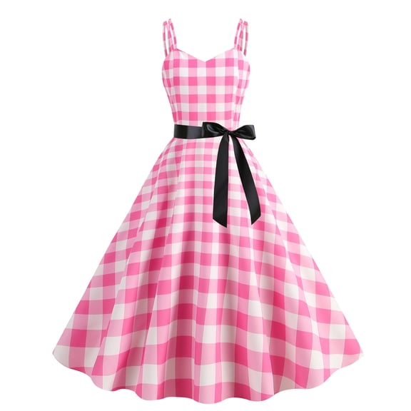 Antinious Ladies Summer Dress,Elegant Dresses for Women,Princess Dress for Women Silk Waistband Hanging Strap Checkered Print Sleeveless V-Neck Long Dress,Pink,M
