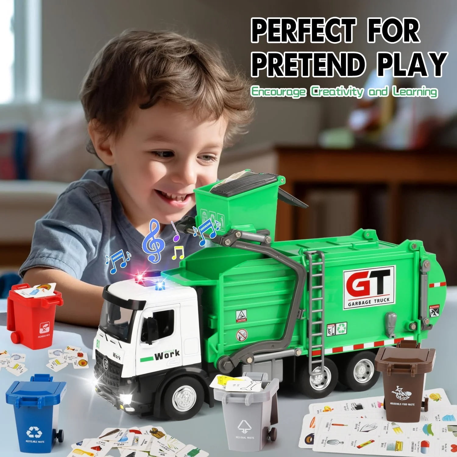 Freecat Garbage Truck Toys for Kids Boys, Play Vehicle Trash Truck Toys with Dumpster and Trash Bins, Christmas Birthday Gift for Boys 3 4 5 6 8 Years Old.