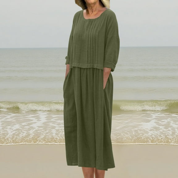 Mqqzkk Women's Crew Neck Dresses Long Sleeve Solid Color Dress Casual Lantern Pleated Tunic Long Dress
