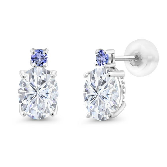 Gem Stone King 14k White Gold White Moissanite and Blue Tanzanite Earrings for Women (3.16Cttw, Gemstone, Oval 8X6MM, Round 2.5MM)