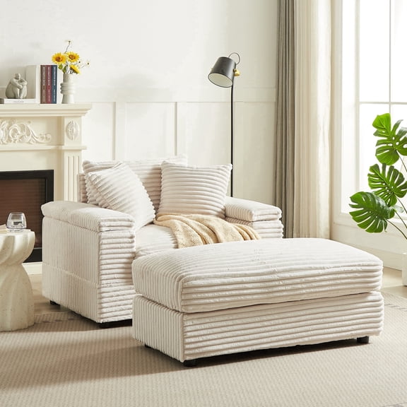 Muumblus Oversized Cloud Lounge Chair with Ottoman, Corduroy Accent Reading Armchair for Living Room, White